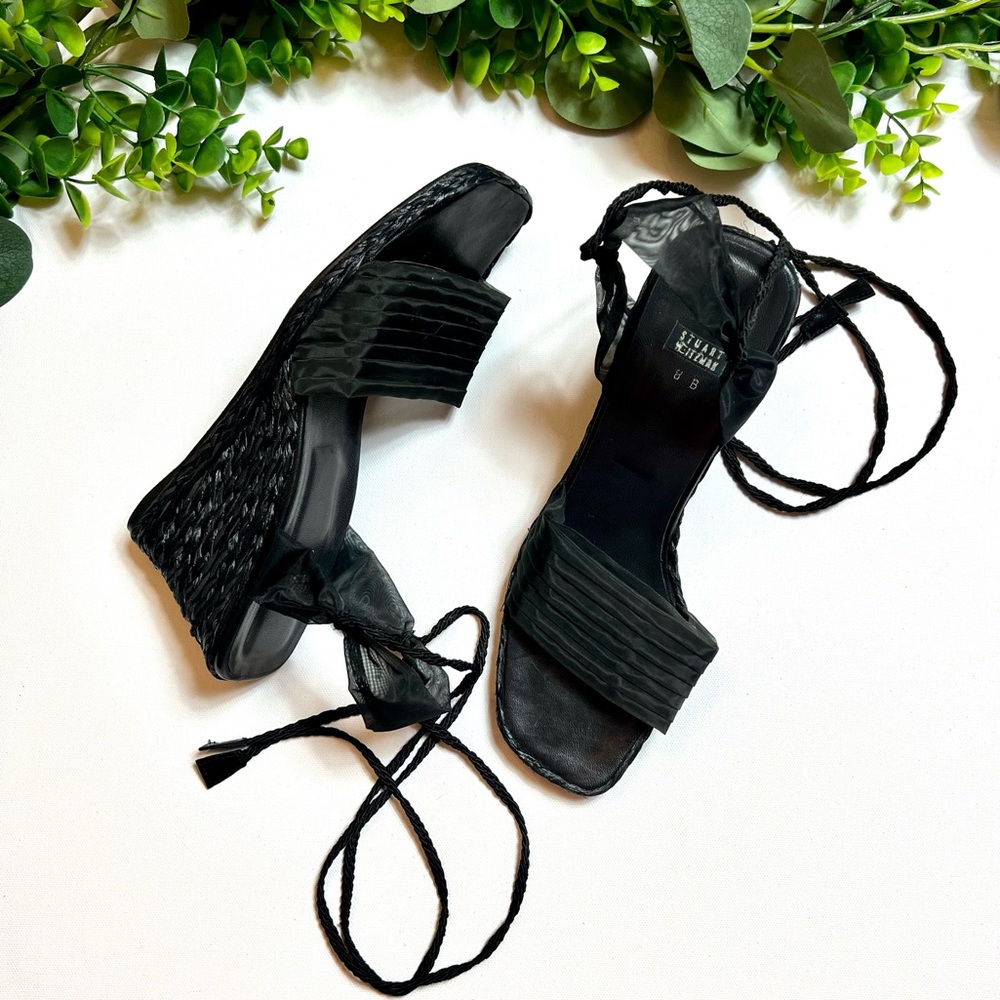 Stuart Weitzman Black Espadrilles Wedge Square Tow Lace Up Sandals